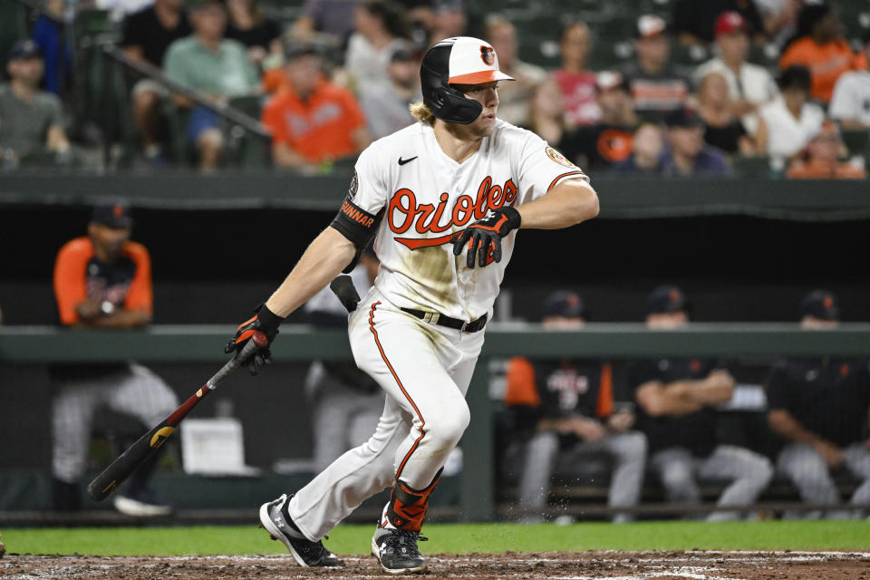 Baltimore Orioles' Gunnar Henderson watches his single off Detroit Tigers starting pitcher Matt Manning during the third inning of a baseball game Wednesday, Sept. 21, 2022, in Baltimore. (AP Photo/Terrance Williams)