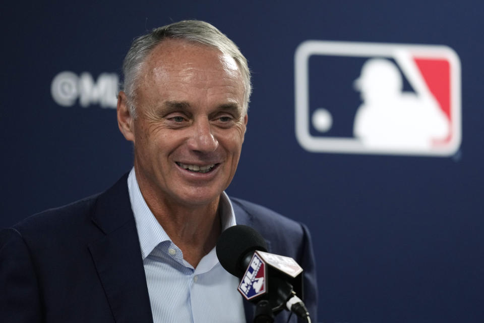 Major League Baseball commissioner Rob Manfred speaks during a baseball spring training media day Thursday, Feb. 15, 2024, in Tampa, Fla. (AP Photo/Charlie Neibergall)