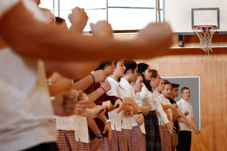 Students rehearse a haka before the arrival of New Zealand's Prime Minister Jacinda Ardern to Cashmere High School in Christchurch, New Zealand March 20, 2019. REUTERS/Edgar Su