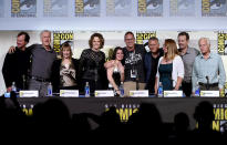 <p>Bill Paxton, director James Cameron, producer Gale Anne Hurd, actress Sigourney Weaver, fans, actors Paul Reiser, Carrie Henn, Michael Biehn, and Lance Henriksen at the <i>Aliens</i>: 30th Anniversary panel on July 23. <i>(Photo: Kevin Winter/Getty Images)</i></p>