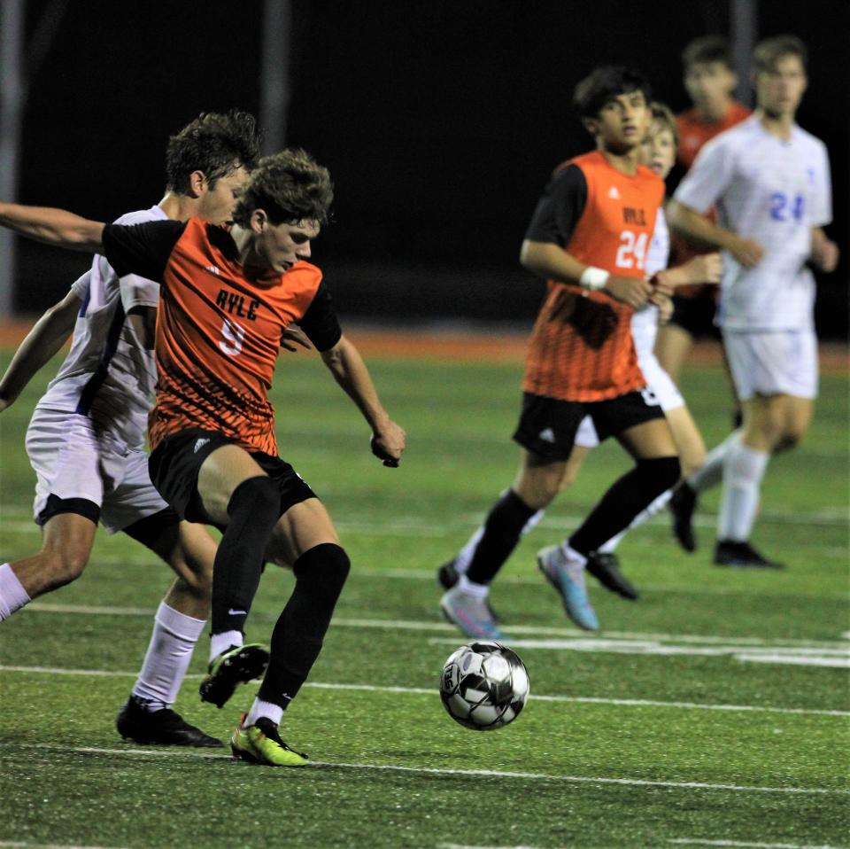 Ryle sophomore Brice Denigan (9) plays the ball during Ryle's 3-0 win over HIghlands in KHSAA boys soccer Sept. 7, 2023 at Ryle High School, Union, Ky.