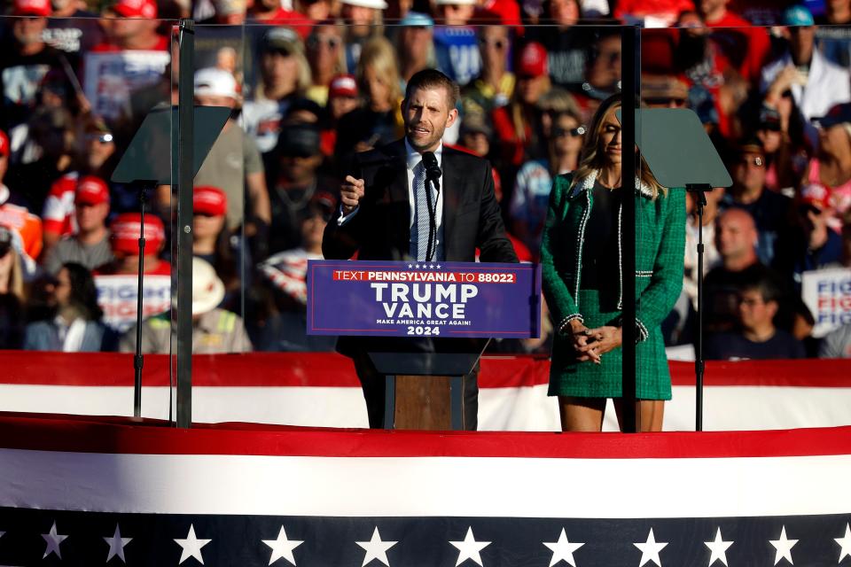 Eric Trump addresses a campaign rally at the Butler Farm Show grounds on October 05, 2024 in Butler, Pennsylvania. (Getty Images)