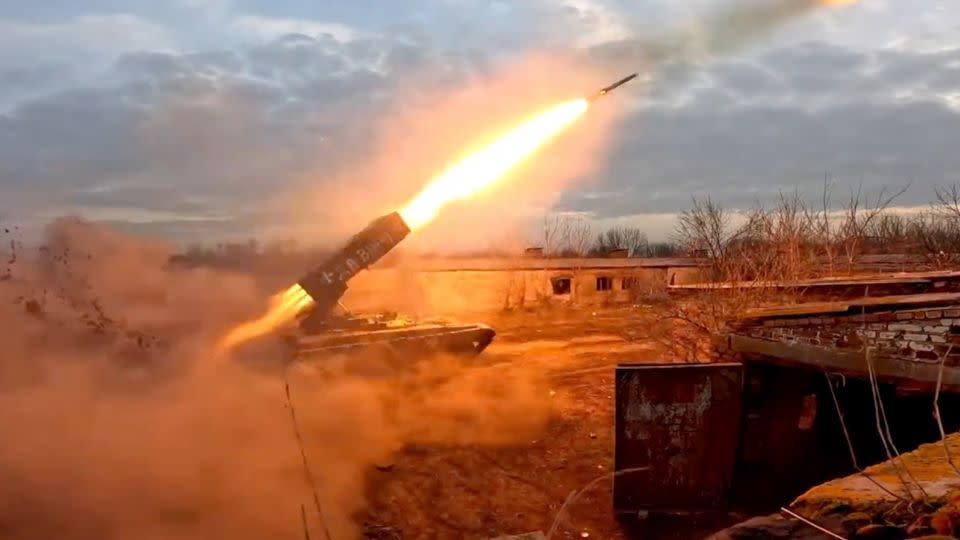 Ukrainian forces fire a TOS-1A Solntsepyok heavy thermobaric rocket launcher toward Russian positions near Kreminna, in the Luhansk region, on July 7, 2023. - EyePress News/Reuters