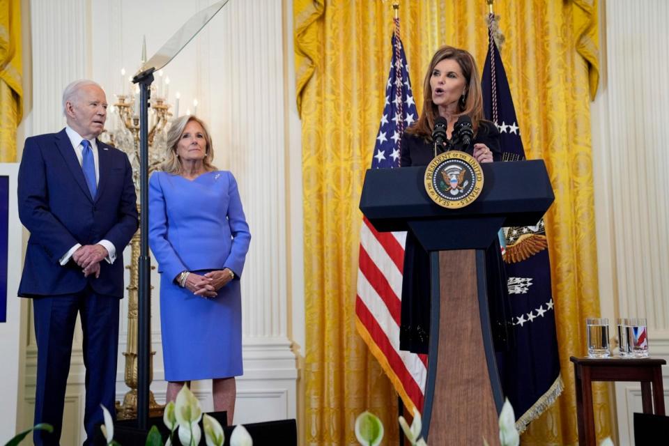 PHOTO: Maria Shriver speaks during a Women's History Month reception in the East Room of the White House, March 18, 2024, in Washington, as President Joe Biden and first lady Jill Biden look on. (Evan Vucci/AP)