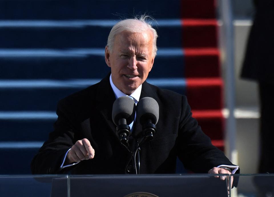 President Joe Biden delivers his inauguration speech on January 20, 2021, at the US Capitol in Washington, DC. -