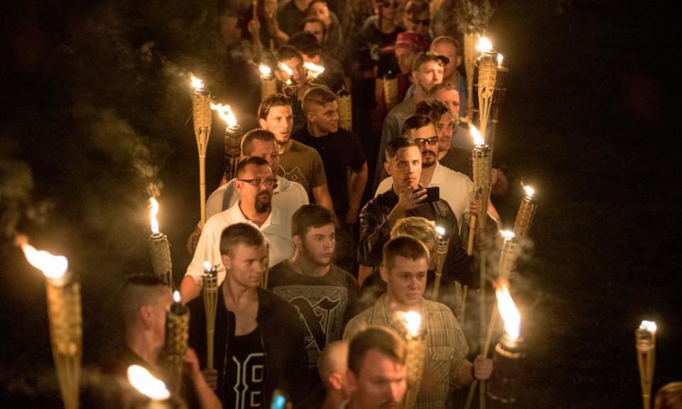 White supremacists march at Charlottesville, Virginia , in 2017. Donald Trump’s equivocal pronouncements about the far right were seen as legitimising what had once been outside of mainstream politics.