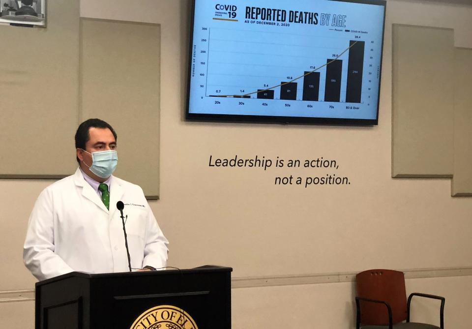 Dr. Hector Ocaranza, the El Paso city-county health authority and leader of the El Paso health department’s COVID-19 efforts, gives a COVID-19 update at a Dec. 3 news conference at City Hall.