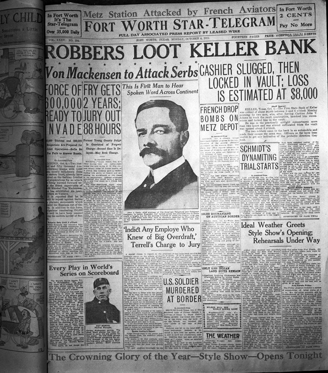 Oct. 4, 1915: Keller bank robbery article from the front page of the Fort Worth Star-Telegram. Fort Worth Star-Telegram archive/UT Arlington Special Collections