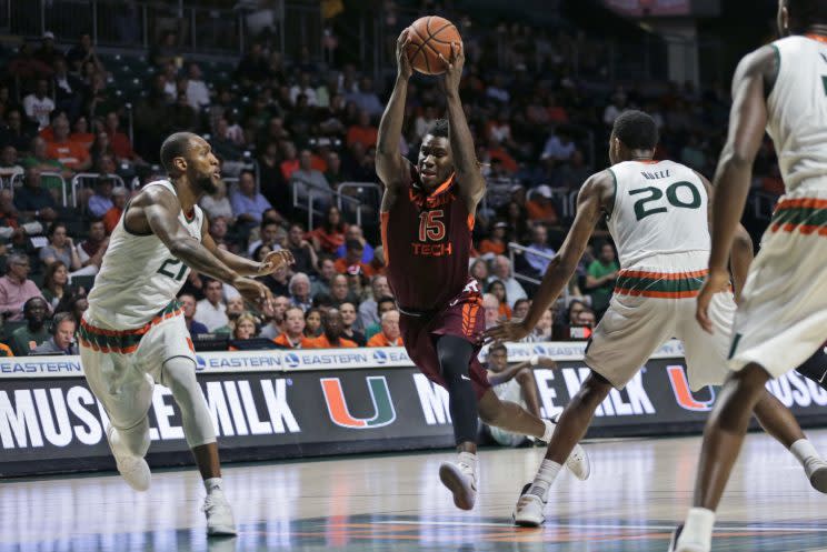 Clarke drives through the lane during a February loss at Miami. (AP)