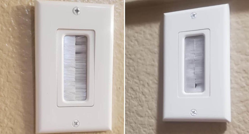 A cable pass through outlet is pictured in a home.