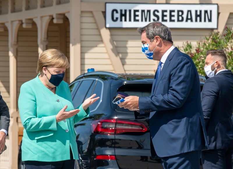 German Chancellor Merkel attends Bavarian cabinet meeting at Herrenchiemsee Island