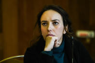 Stella Moris, partner of Julian Assange, attends the 'Belmarsh Tribunal', at Church House in London, Friday, Oct. 22, 2021. Progressive International holds what it calls the 'Belmarsh Tribunal' as it 'turns the tables in the extradition hearing against Julian Assange' on the U.S. The British Government begins its appeal on Wednesday of the High Court decision to block the extradition of the WikiLeaks founder from the UK.(AP Photo/Alberto Pezzali)