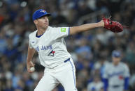 Toronto Blue Jays pitcher Chris Bassitt works against the Los Angeles Dodgers during the first inning of a baseball game Friday, April 26, 2024, in Toronto. (Nathan Denette/The Canadian Press via AP)