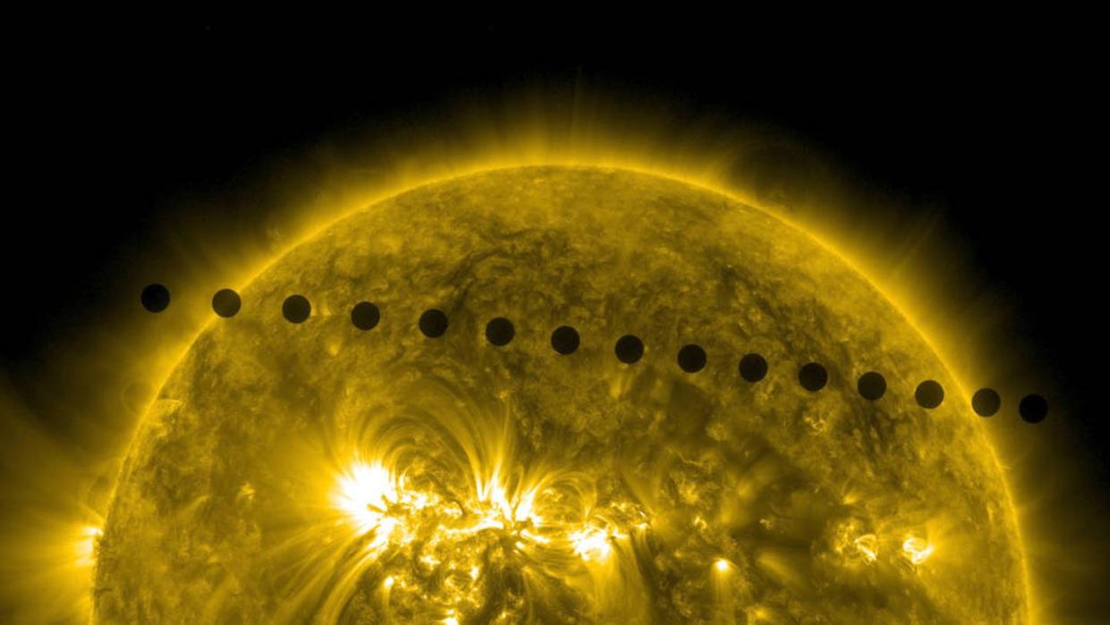 <span class="caption">On June 5-6, 2012, NASA's Solar Dynamics Observatory collected images of one of the rarest predictable solar events: the transit of Venus across the face of the Sun. </span> <span class="attribution"><a class="link " href="https://www.nasa.gov/multimedia/imagegallery/image_feature_2271.html" rel="nofollow noopener" target="_blank" data-ylk="slk:NASA/SDO, AIA;elm:context_link;itc:0;sec:content-canvas">NASA/SDO, AIA</a></span>