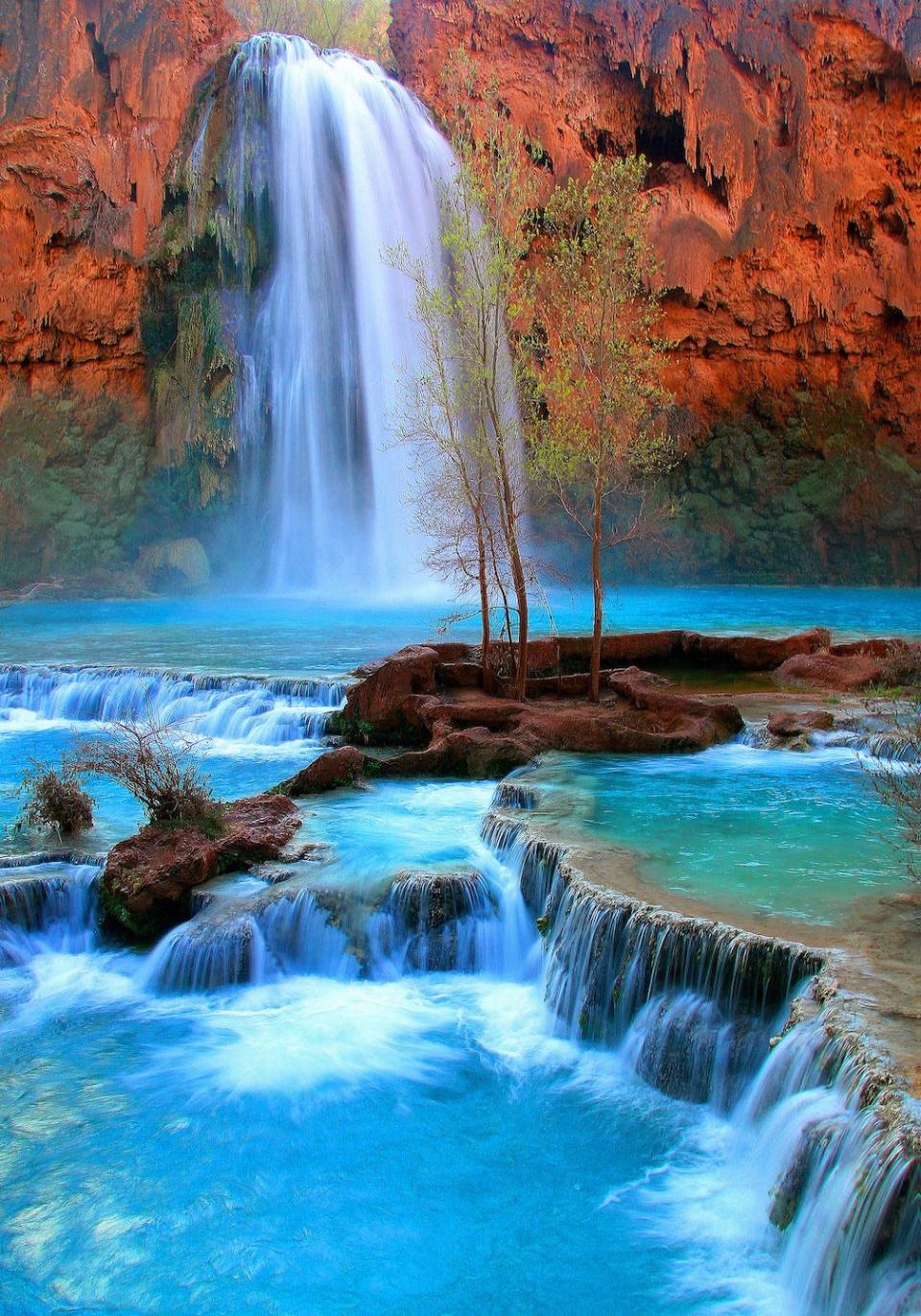 The Havasupai Indian Reservation includes the remote village of Supai, where the mail is still delivered by mule, and the spectacular Havasupai waterfalls attract visitors.
