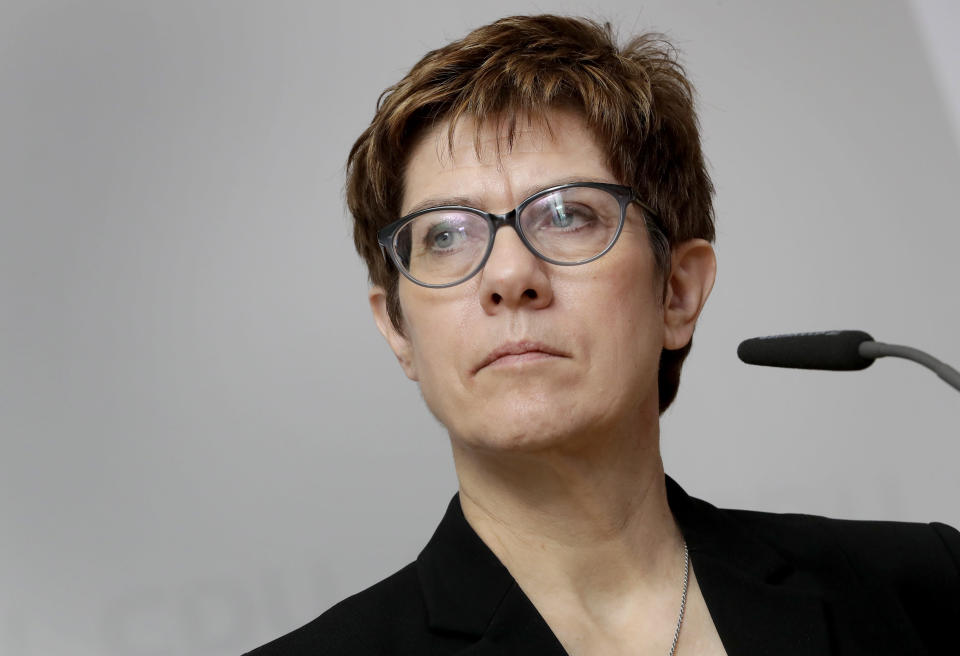 Annegret Kramp-Karrenbauer, chairwoman of the German Christian Democratic Union party, CDU, attends a joint statement with Manfred Weber, member of the Christian Social Union party, CSU, and top candidate of the European People's Party (EPP) for the European elections, as part of a closed meeting of the party's board in Potsdam, Germany, Monday, Jan. 14, 2019. (AP Photo/Michael Sohn)