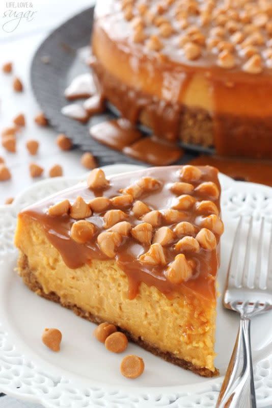 <p>Life Love and Sugar</p><p>So amazingly full of butterscotch, this candy-like cheesecake is to die for!</p><p><strong>Get the recipe: </strong><strong><a href="https://www.lifeloveandsugar.com/loaded-butterscotch-cheesecake/" rel="nofollow noopener" target="_blank" data-ylk="slk:Loaded Butterscotch Cheesecake;elm:context_link;itc:0;sec:content-canvas" class="link ">Loaded Butterscotch Cheesecake</a></strong></p>