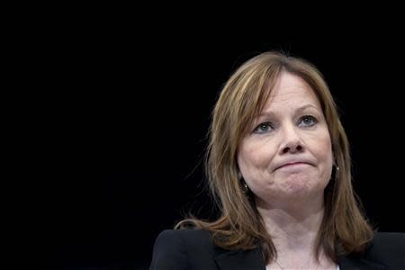 General Motors CEO Mary Barra appears onstage during a launch event for new Chevrolet cars before the New York Auto Show in New York April 15, 2014. REUTERS/Carlo Allegri