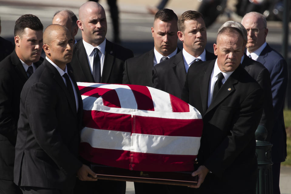 The casket of late Supreme Court Justice John Paul Stevens is carried into the U.S. Supreme Court in Washington, Monday, July 22, 2019. (AP Photo/Manuel Balce Ceneta)