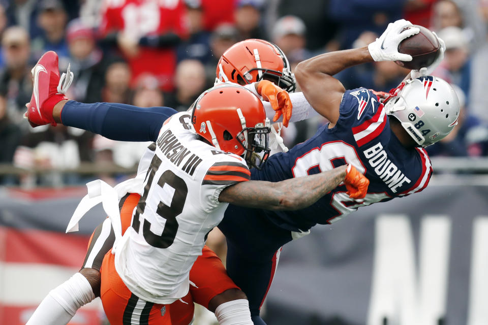 New England Patriots wide receiver Kendrick Bourne (84) grabs a touchdown pass against Cleveland Browns free safety John Johnson (43) during the first half of an NFL football game, Sunday, Nov. 14, 2021, in Foxborough, Mass. (AP Photo/Michael Dwyer)