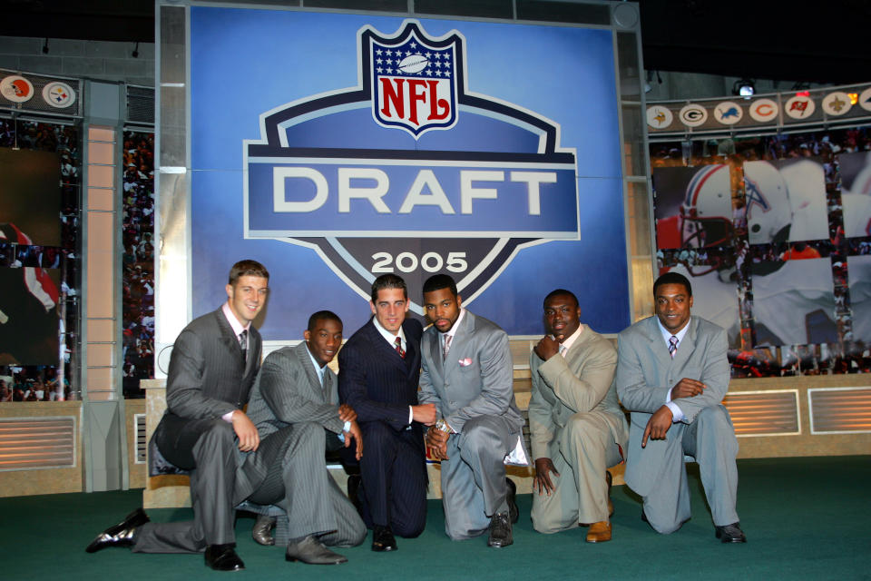 The 2005 NFL draft class, from left: Alex Smith (Utah), Antrel Rolle (Miami), Aaron Rodgers (California), Braylon Edwards (Michigan), Ronnie Brown (Auburn) and Cedric Benson (Texas). (Photo by Chris Trotman/Getty Images)