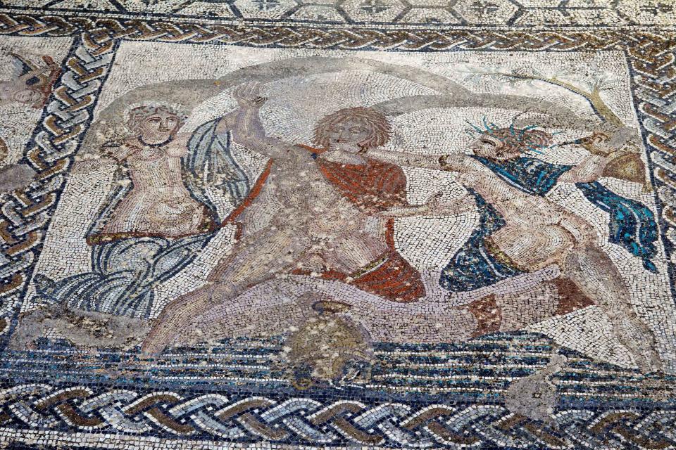 This Thursday, March 8, 2012 photo shows a mosaic portraying a scene from Greek mythology in the ruins of the Venus House at Volubilis, Morocco's most famous Roman ruin near Meknes, Morocco. The site of Volubilis is one of the best preserved sites in Morocco and most visited. (AP Photo/Abdeljalil Bounhar)