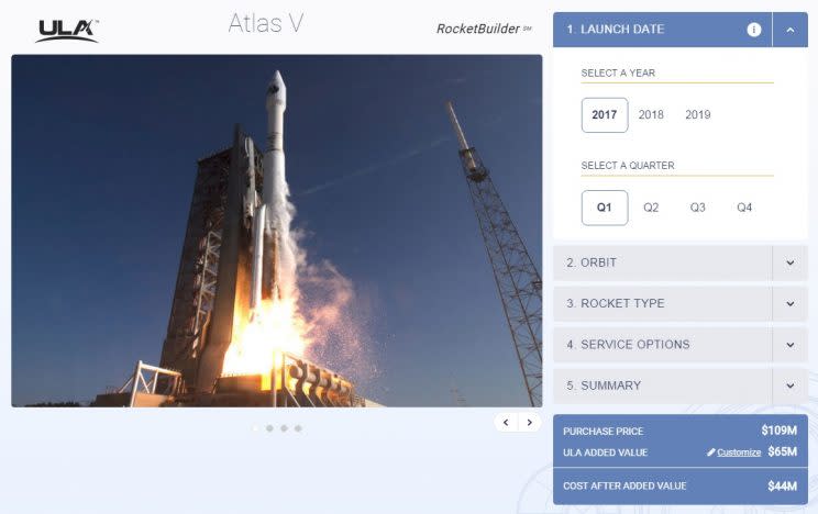 Una vista del sitio y app RocketBuilder.com, de ULA, donde se puede cotizar el costo del lanzaimiento deun cohente espacial Atlas V. (ULA)