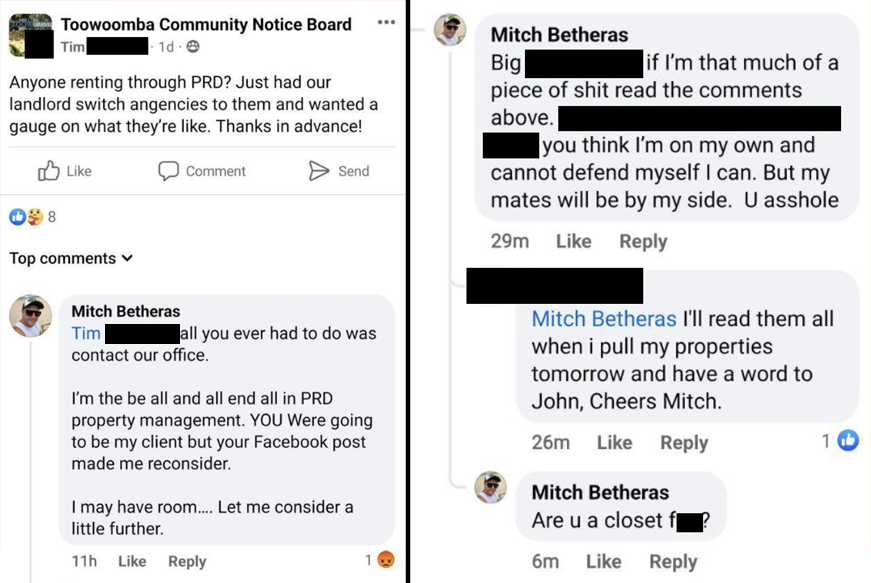 Facebook posts show an estate agent berating a tenant who asked for advice.