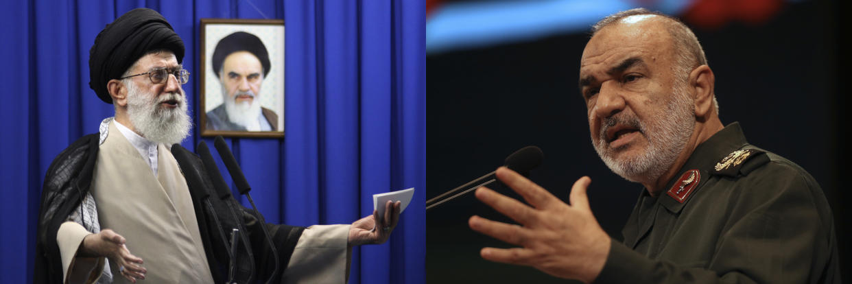 This combination of 2009 and 2018 file photos shows Iran's Supreme Leader Ayatollah Ali Khamenei, left, and the then-deputy commander of Iran's Revolutionary Guard Gen. Hossein Salami in Tehran, Iran. Khamenei was among the first and most powerful world leaders to suggest the coronavirus could be a biological weapon created by the U.S., while Salami declared on March 5, 2020 that Iran is currently engaged in a fight against a virus which might be the product of an American biological attack. (Meisam Hosseini/Hayat News Agency via AP, File; AP Photo/Vahid Salemi, File)