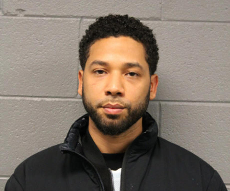 This Feb. 21, 2019 photo released by the Chicago Police Department shows Jussie Smollett. Police say the "Empire" actor turned himself in early Thursday to face a charge of making a false police report when he said he was attacked in downtown Chicago by two men who hurled racist and anti-gay slurs and looped a rope around his neck. (Chicago Police Department via AP)