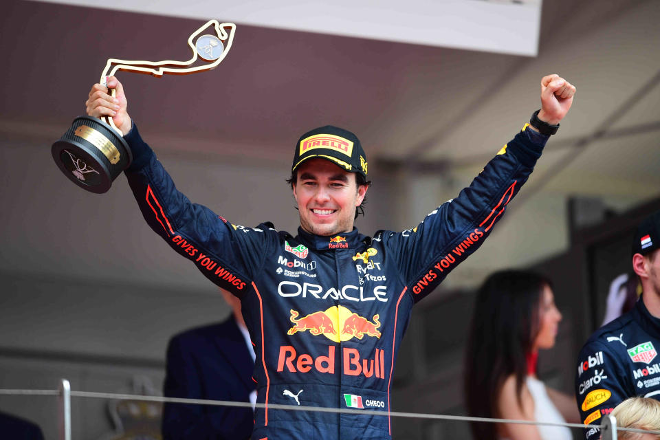 Sergio Perez of Red Bull Racing Honda celebrate after the race of Monaco Grand Prix in Monaco City Circuit in Monaco-Ville, Monaco, France, 29 May 2022 (Photo by Andrea Diodato/NurPhoto via Getty Images)