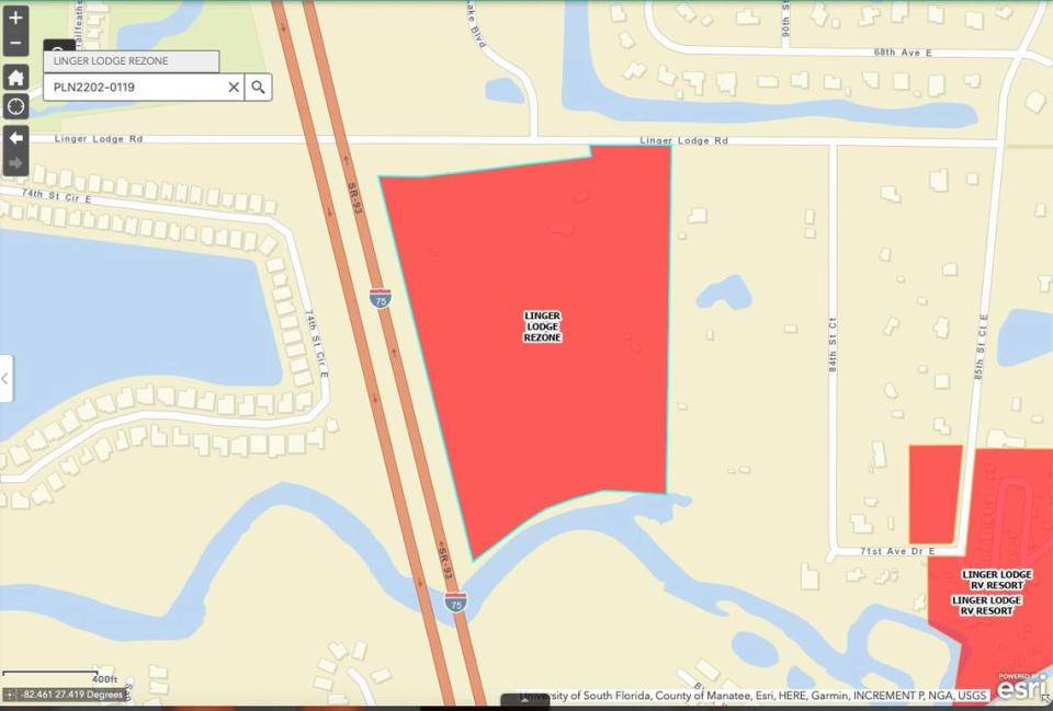 Screen grab shows the area of planned Linger Lodge Road townhouse project. The project is set to come before the Manatee County Commission on Aug. 17.