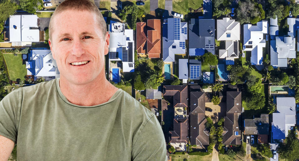 Property guru John Pidgeon inset over an overhead shot of houses in Australia.