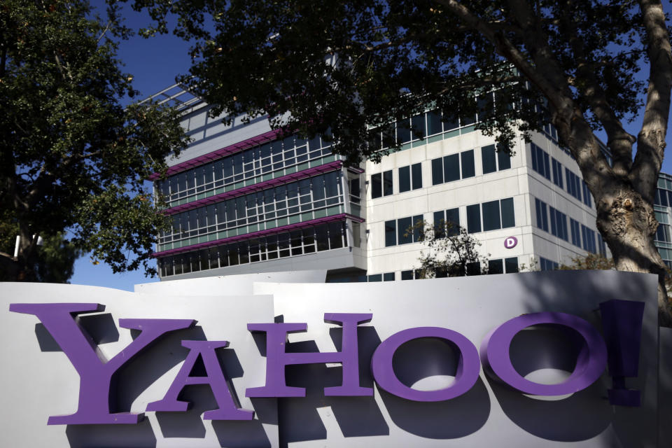 This Wednesday, Oct. 17, 2012, photo, shows a sign in front of Yahoo! headquarters in Sunnyvale, Calif., Wednesday, Oct. 17, 2012. Yahoo has ushered in Marissa Mayer as its new CEO with a third-quarter earnings report that topped analyst estimates. The results announced Monday Oct. 22, 2012, show Yahoo's net revenue barely grew at a time when advertisers are spending more money marketing their products and services online. Nevertheless, the numbers were slightly better than analysts projected. (AP Photo/Marcio Jose Sanchez)