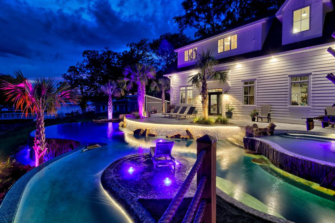 An image of the colored lighting features at a $3.4 million home for sale in South Carolina.