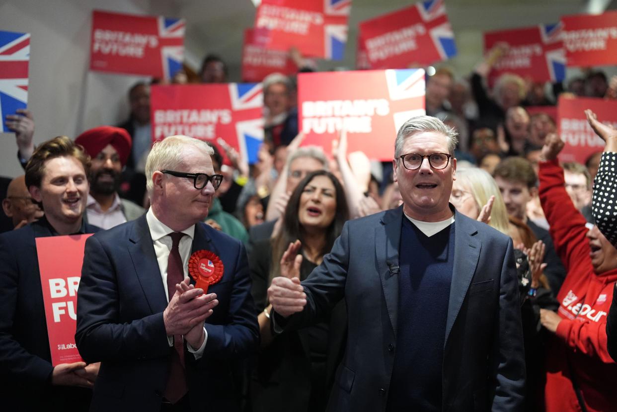 Labour Party leader Sir Keir Starmer (right) celebrates with newly elected Mayor of West Midlands Richard Parker at the International Convention Centre in Birmingham. Picture date: Saturday May 4, 2024.