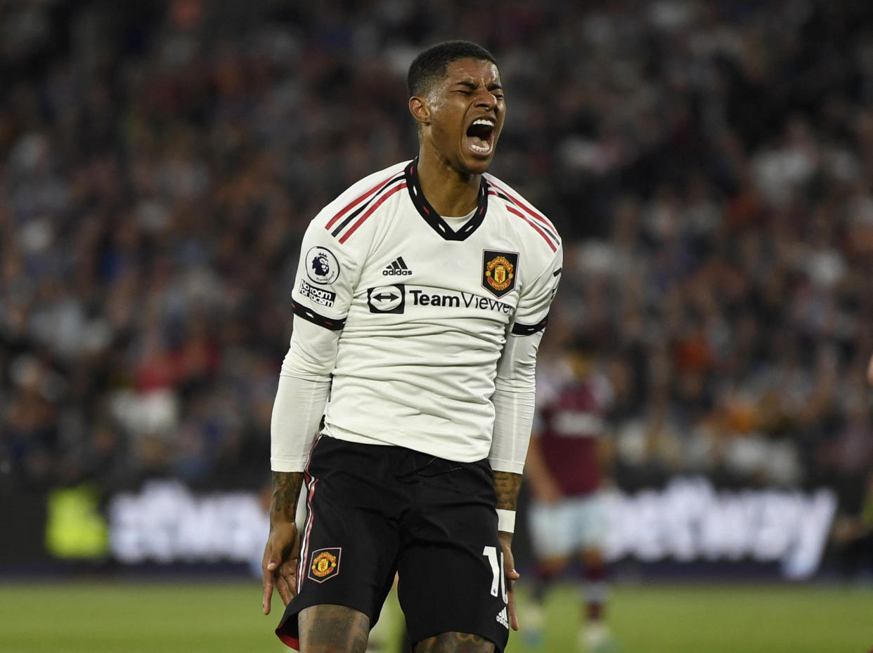 Manchester United's Marcus Rashford reacts after missing a chance to score against West Ham in their English Premier League match.