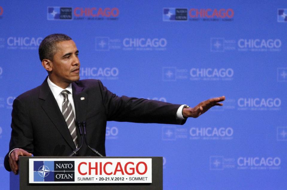 President Barack Obama speaks at a news conference at the NATO Summit in Chicago, Monday, May 21, 2012. (AP Photo/Kiichiro Sato)