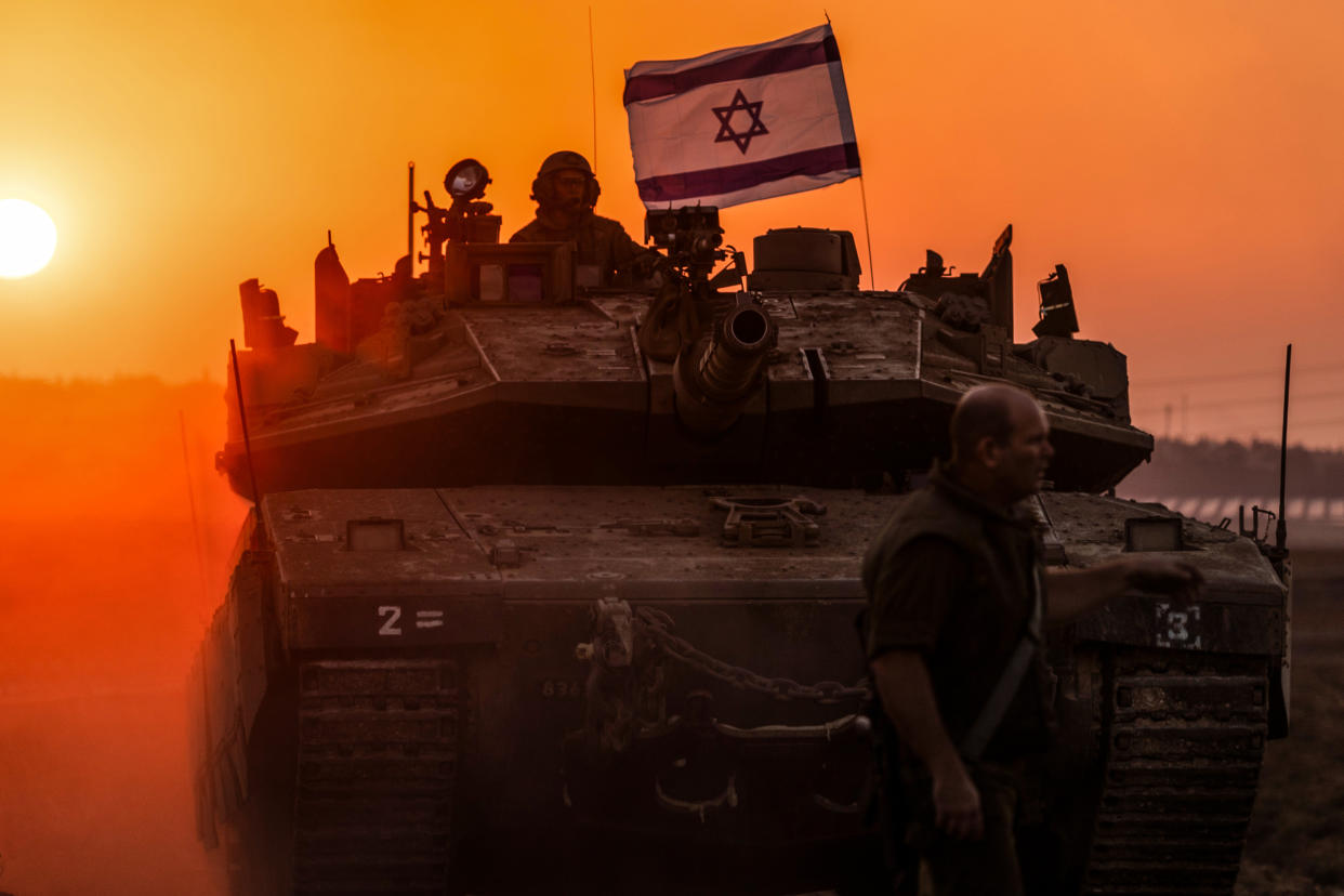 An Israeli soldier on a tank near the Israel-Gaza border in Sderot, Israel, last week.