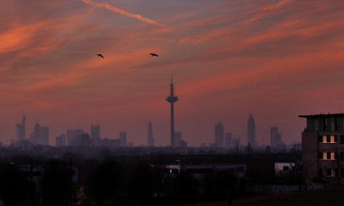 Two birds fly in from of the skyline before the sun rises in Frankfurt, Germany, on a cold and misty Friday, Jan. 27, 2017. (AP Photo/Michael Probst)