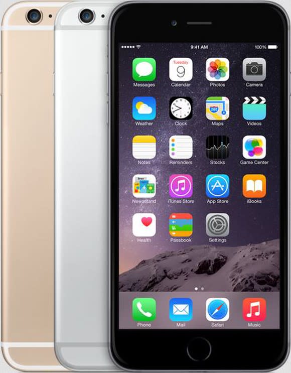 The iPhone 6 Plus in black, silver, and gold color options