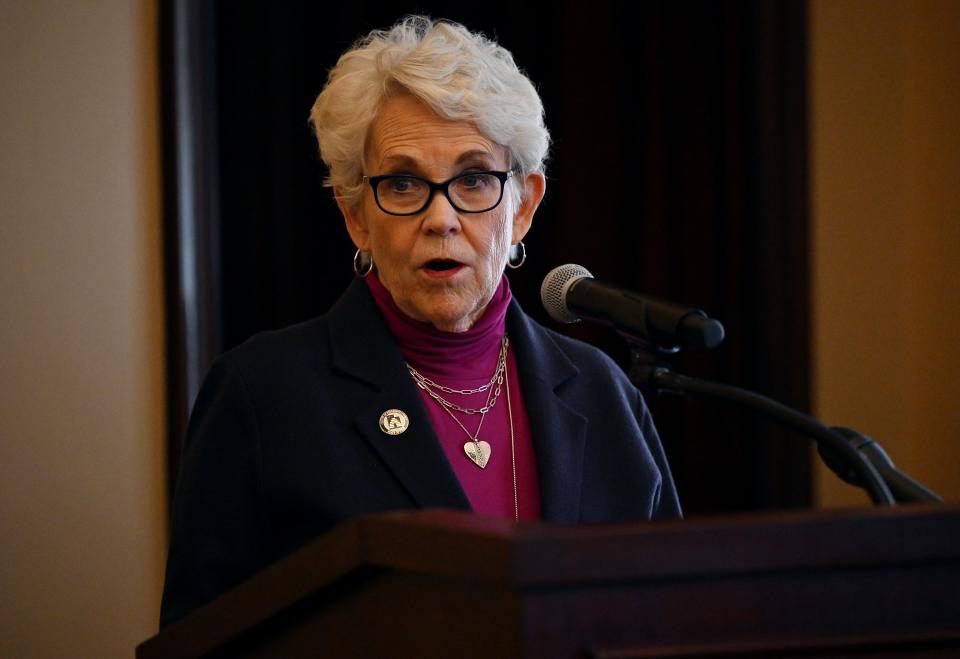 Rep. Carol Spackman Moss, D-Holladay, speaks briefly about her homelessness bill as she joins with representatives from numerous faith groups and organizations gathered at the Capitol in Salt Lake City for Faith, Hunger and Homelessness Day to express support for legislative proposal that would reduce homelessness on Thursday, Jan. 18, 2024. | Scott G Winterton, Deseret News