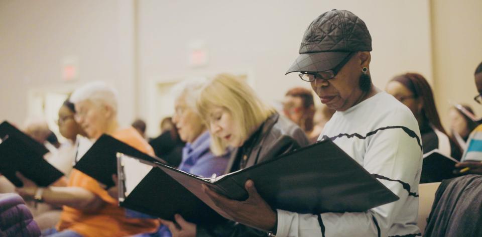 Choir members sing a composition from 85-year-old Earnestine Rodgers Robinson, self-taught Memphis classical music composer during a rehearsal for her oratorio about Harriet Tubman at First Baptist Church on Monday, Feb. 05, 2024 in Memphis, Tenn.