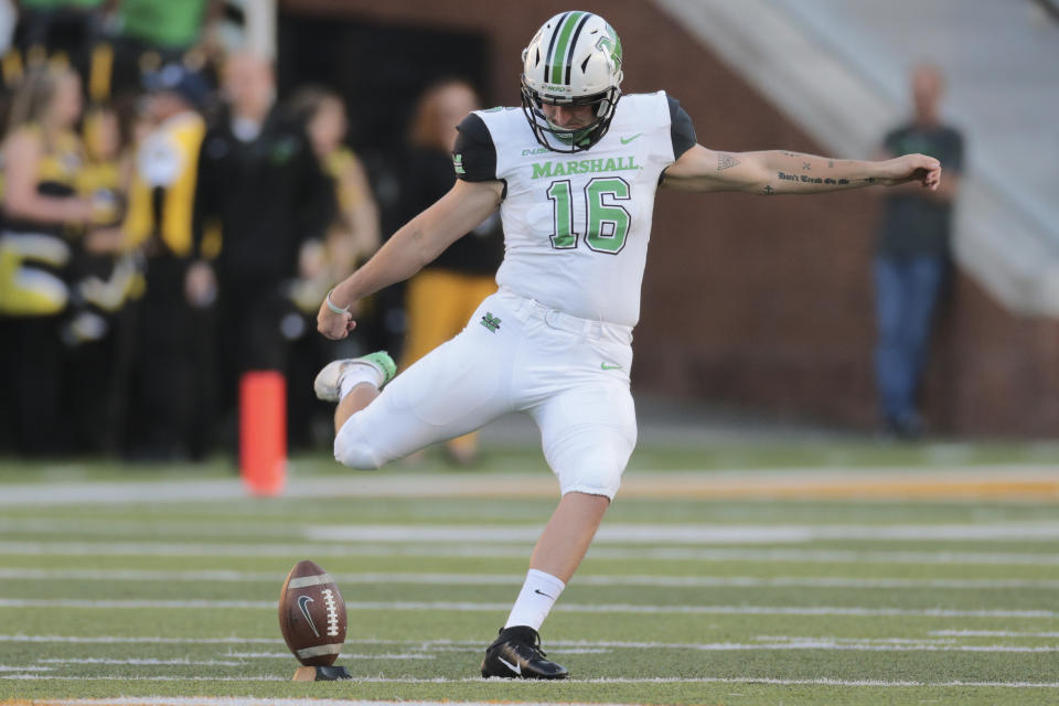 Marshall Thundering Herd kicker Justin Rohrwasser was a surprising fifth-round pick to the Patriots. (Photo by Bobby McDuffie/Icon Sportswire via Getty Images)