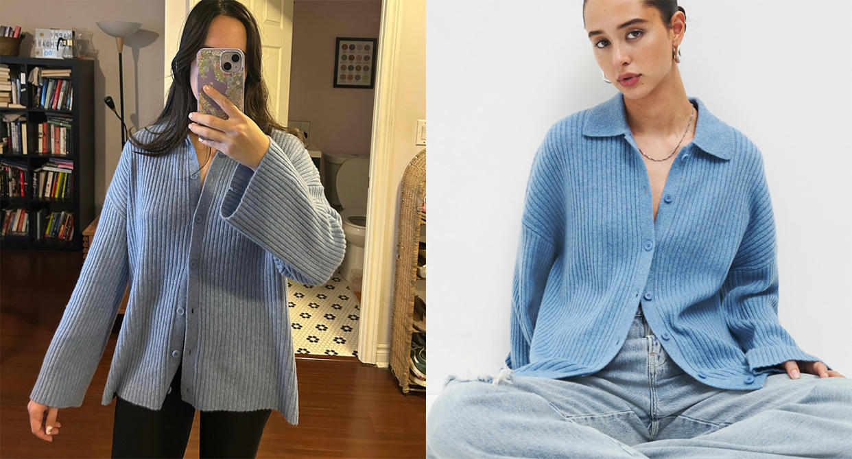 I put 4 of Reformation's sweaters to the test, including this stunning blue button-up.