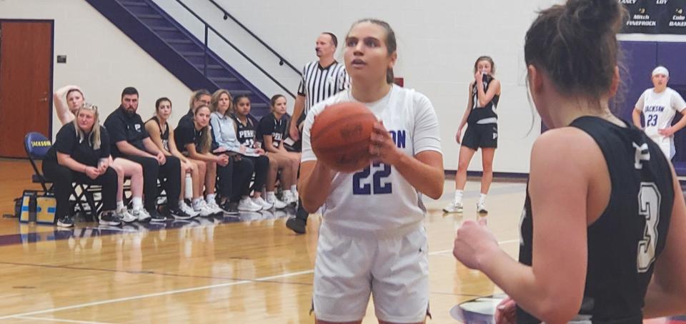 Jackson senior Megan Campbell shoots a free throw to help clinch a Federal League victory over Perry, Saturday, Feb. 2, 2024. The Tiffin commit went 10-of-11 at the foul line in scoring 16 points.