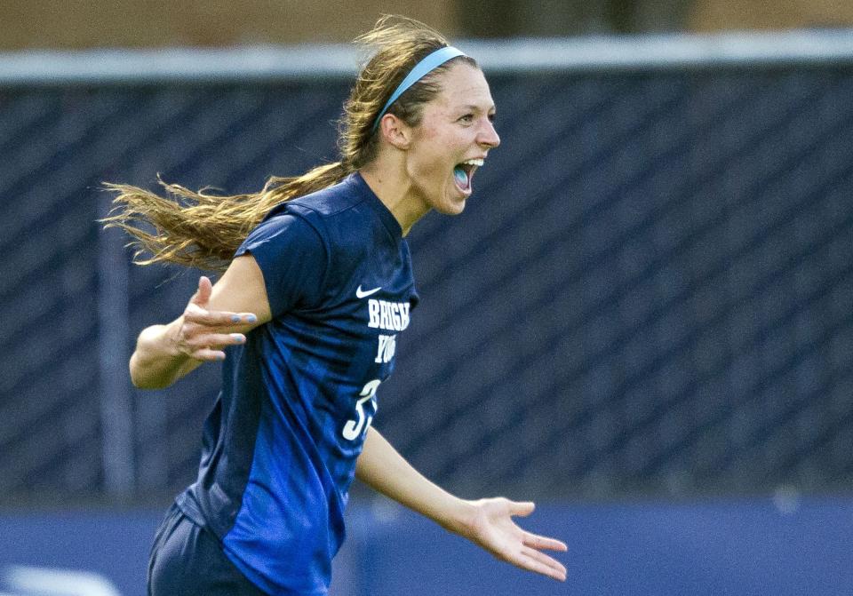 BYU forward Ashley Hatch celebrates her goal during an NCAA soccer game against San Francisco in Provo on Monday, Oct. 3, 2016.