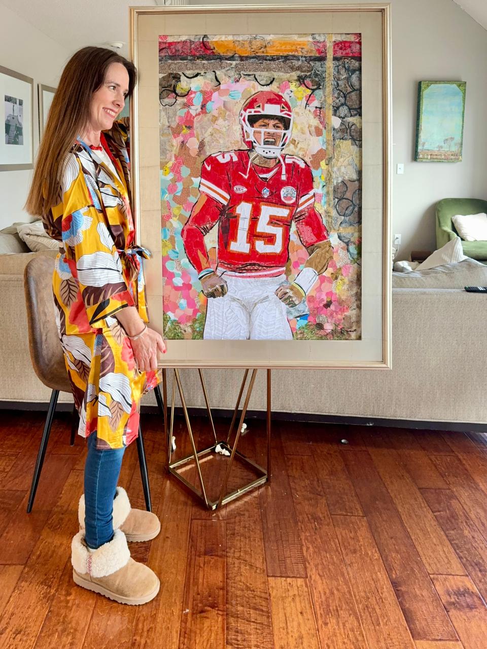 Mid-Missouri artist Jenny McGee's portrait of Kansas City Chiefs quarterback Patrick Mahomes incorporates acrylic paint, numerous varieties of paper and other media.