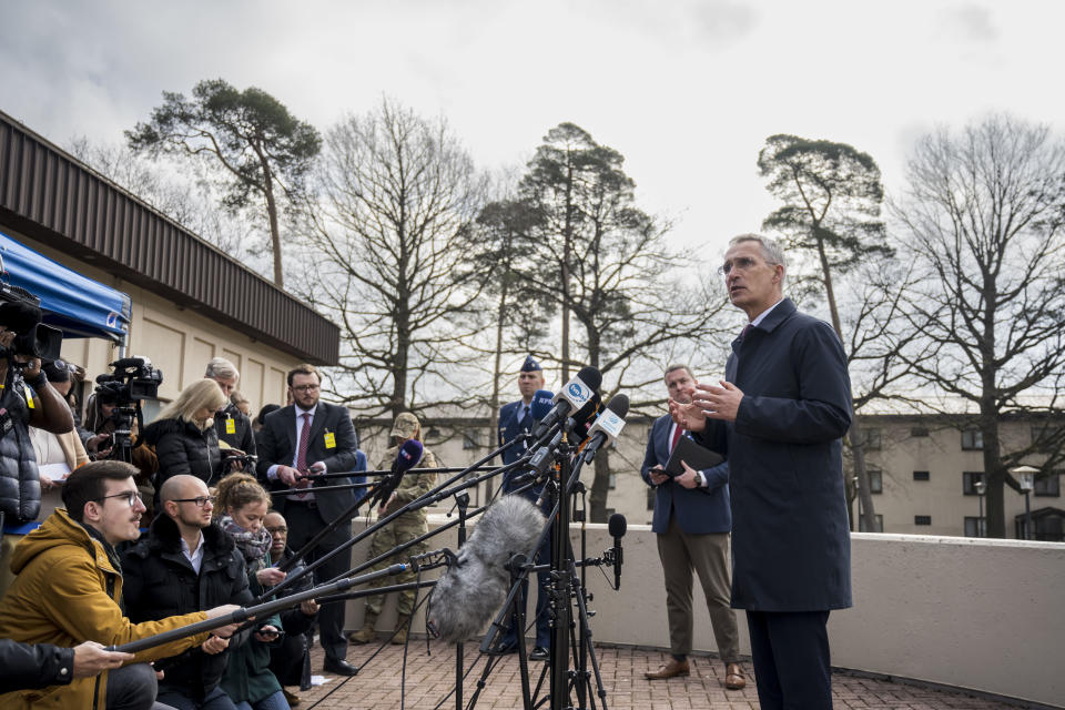 RAMSTEIN-MIESENBACH, GERMANY - APRIL 21: NATO Secretary General Jens Stoltenberg speaks to the media before a meeting of the Ukraine Defence Contact Group at Ramstein Air Base on April 21, 2023 in Ramstein-Miesenbach, Germany. The group, which coordinates international military support for Ukraine, is meeting as allied countries are struggling to deliver sufficient amounts of artillery rounds and other ammunition to the Ukrainian military. (Photo by Thomas Lohnes/Getty Images)