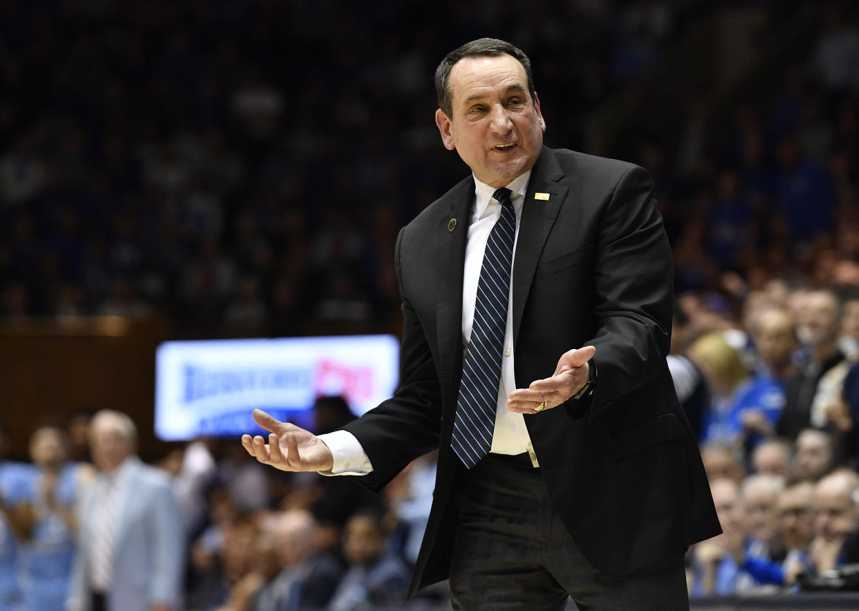 Mike Krzyzewski of the Duke Blue Devils reacts during the second half of their game against North Carolina on March 07, 2020. (Grant Halverson/Getty Images)